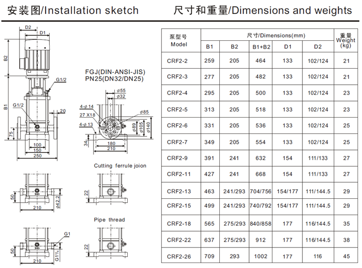 CR/CRF2系列立式多级离心泵安装尺寸