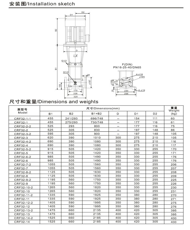 CR/CRF32系列立式多级离心泵安装尺寸